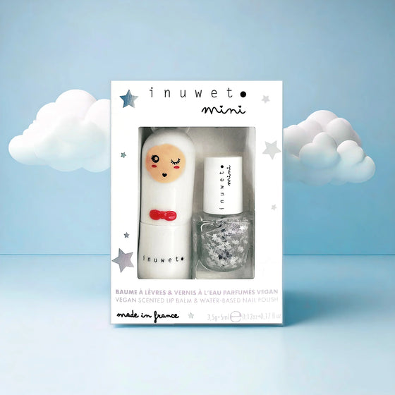 Coffret Duo Blanc Inuwet – baume à lèvres et vernis à l’eau barbe à papa pour enfant