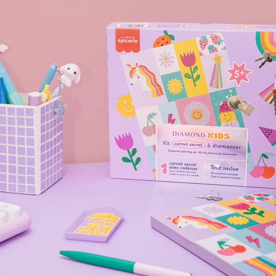 Kit carnet secret enfant à décorer avec diamants – motifs kawaii et cadenas – Diamond Kids
