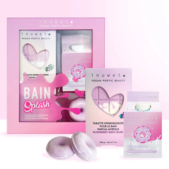 Coffret bain Splash Inuwet – donuts effervescents, bain moussant vanille et tablette myrtille
