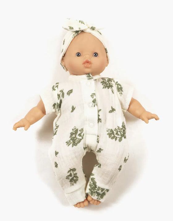 Ensemble combinaison et headband en gaze de coton motif gui pour poupées Babies Minikane – tenue Lili