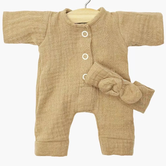 Combinaison Lili latte en gaze de coton avec headband pour poupée Minikane 34 cm