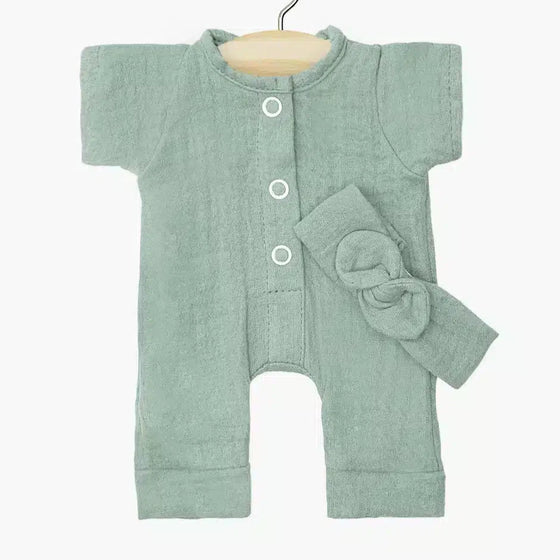 Combinaison Lili et son headband en gaze de coton Vert Baltique poupées Babies Minikane.