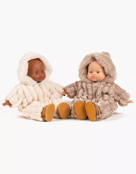 Combinaison pilote Minky écru Minikane – vêtement d’hiver chaud pour poupée Babies 28 cm