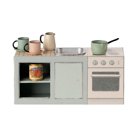 Comptoir de cuisine souris Maileg – meuble miniature avec vaisselle, évier et four