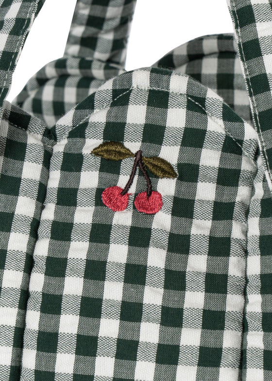 Couffin pour poupée Konges Slojd vichy vert avec broderie cerises et anses matelassées