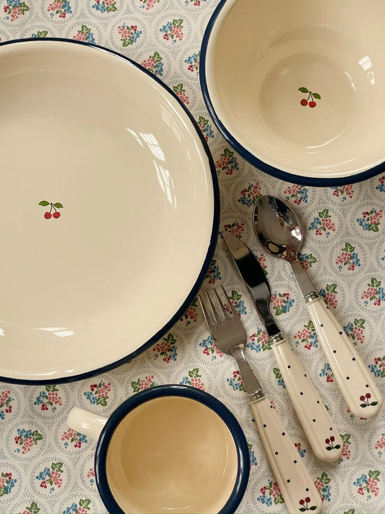 Set de couverts enfants Konges Slojd Navy Dots avec poignées crème à pois et motif fleuri