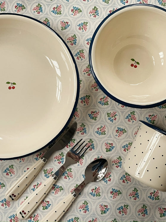 Set de couverts enfants Konges Slojd Navy Dots avec poignées crème à pois et motif fleuri