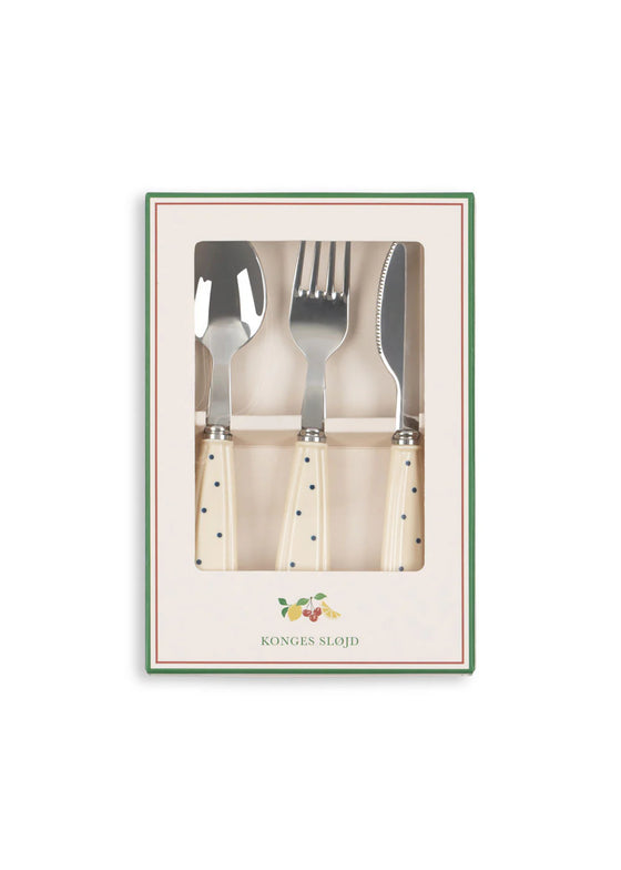 Set de couverts enfants Konges Slojd Navy Dots avec poignées crème à pois et motif fleuri