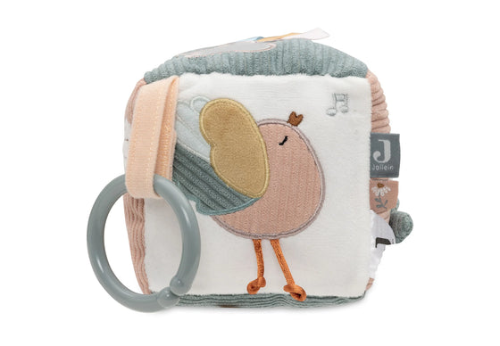 Cube d’activités bébé tissu rose et vert avec fée et ailes en relief – jouet sensoriel Lovely Birds Jollein
