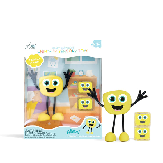 Personnage Alex jaune et cubes lumineux pour le bain Glo Pals.