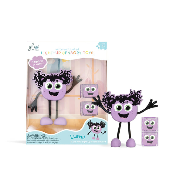 Personnage Lumi violet pour le bain et deux cubes lumineux Glo Pals.