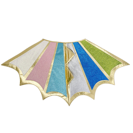 Ailes de dragon multicolores enfant en tissu pailleté avec bordures dorées – déguisement féerique