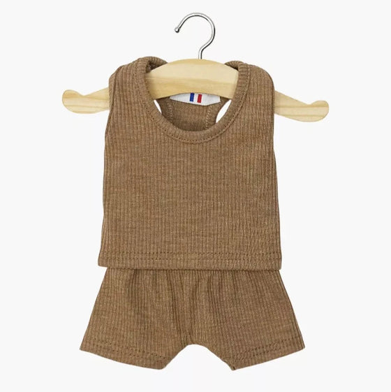 Ensemble marcel et short en maille côtelée chocolat chiné pour poupées Gordis – Minikane