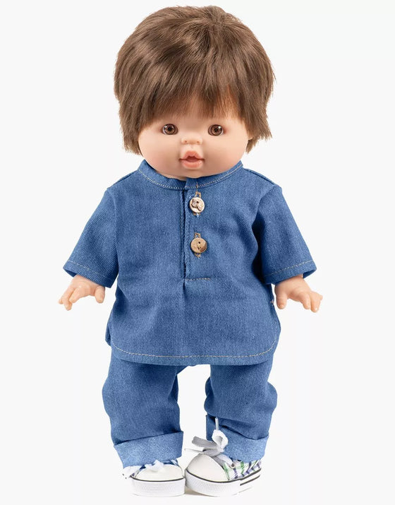 Ensemble Andrea en jean bleu avec boutons en bois pour poupées Gordis – Minikane
