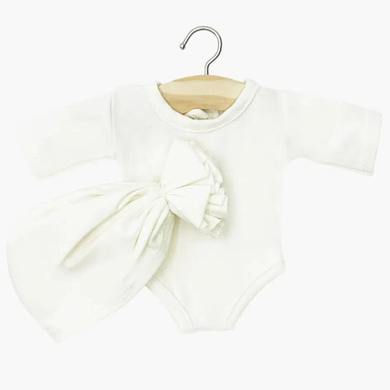 Ensemble body manches longues écru et turban fleuri pour poupée 34 cm – compatible Minikane.