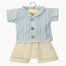  Ensemble chemise rayée bleue et short beige pour poupée 34 cm – compatible Minikane.