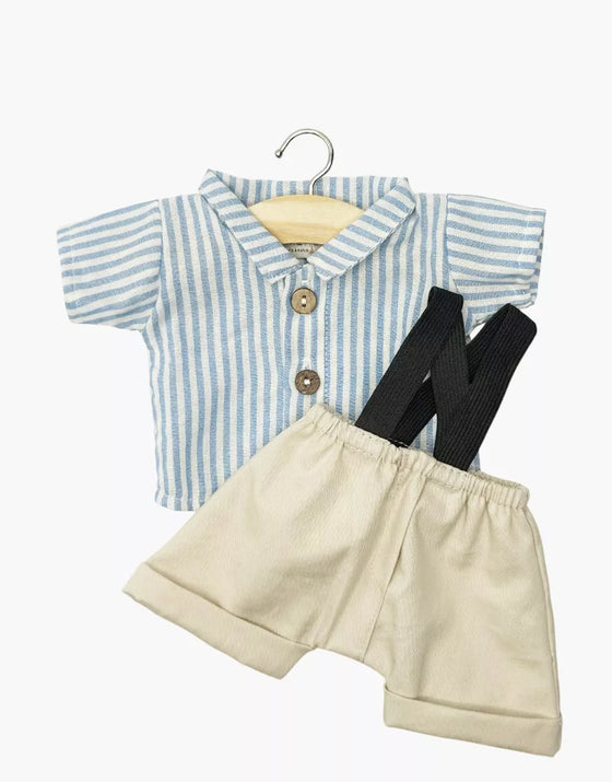 Ensemble chemise rayée bleue et short beige pour poupée 34 cm – compatible Minikane.