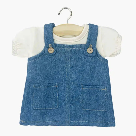 Ensemble robe salopette Nelly en denim bleu clair et son t-shirt écru poupées Gordis 34 cm Minikane.