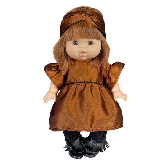Ensemble sorcière robe daisy et headband orange cuivré pour poupées Gordis, marque Minikane.
