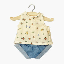  Ensemble top fleuri en gaze de coton et short jean pour poupée 34-38 cm – compatible Minikane.