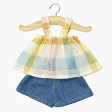  Top à carreaux pastel et short en jean pour poupée 34 cm – ensemble estival compatible Minikane.