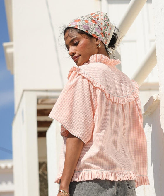 Foulard Ellis Clémentine Bellemme – foulard imprimé fleuri en coton bio, accessoire éthique et élégant pour femme et enfant.
