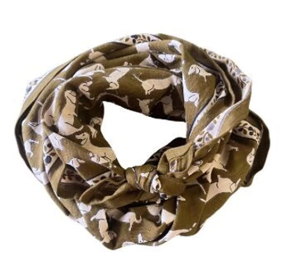 Foulard kaki Maison Augustin avec imprimé teckel pour enfant et adulte