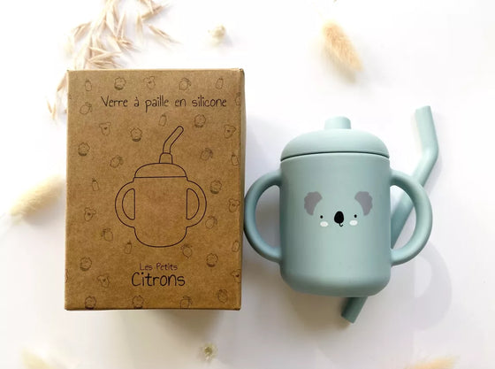 Gobelet à anses et paille en silicone - Koala - Bleu Ciel - Les Petits Citrons