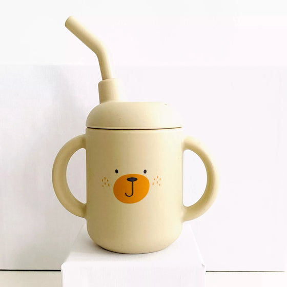 Gobelet bébé en silicone beige avec paille et motif ours Les Petits Citrons