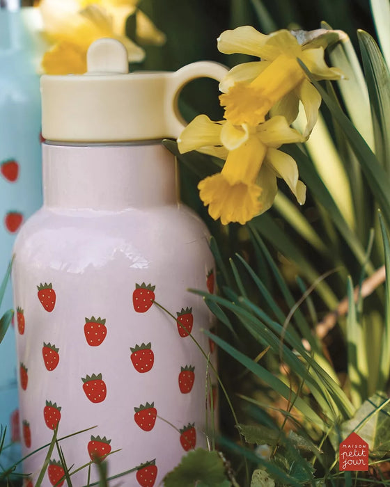 Gourde isotherme 350 ml Les Fraises Petit Jour Paris – inox, étanche, motif fraises rouges, pour enfants.