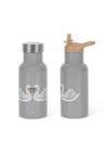 Gourde enfant grise avec motif cygnes, bouchon paille et couvercle inox