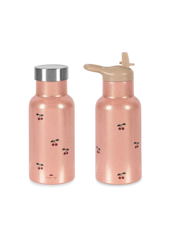 Gourde isotherme pailletée Cherry Glitter Konges Slojd rose avec motif cerises et paille intégrée
