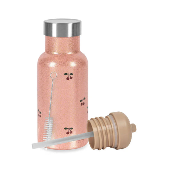 Gourde isotherme pailletée Cherry Glitter Konges Slojd rose avec motif cerises et paille intégrée