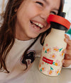 Gourde enfant 350 ml Hello Hossy Springtime beige motif fleurs avec paille réutilisable et goupillon – bouteille inox école maternelle