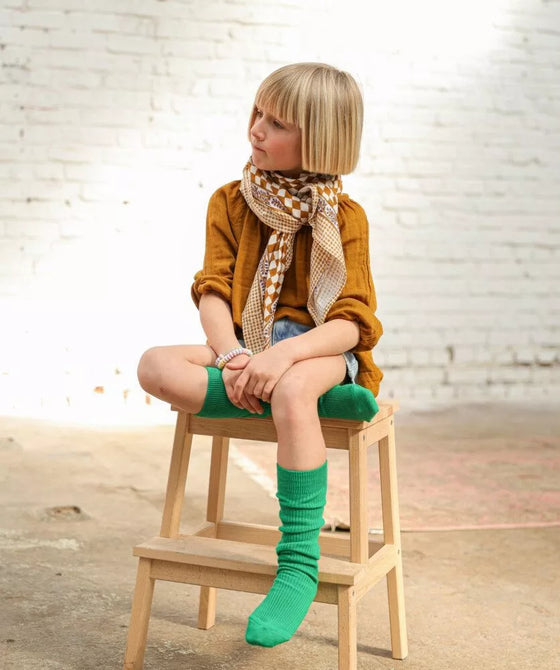 Grand foulard Damier Caramel Bellemme - accessoire mode enfant et famille, foulard élégant à carreaux