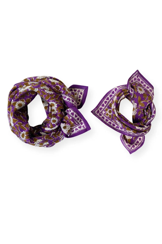 Petit foulard Manika et grand foulard Latika Coeur Violet Apaches Collections.