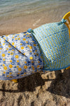 Foulard en coton fleuri bleu et jaune Latika Joy Ocean de la marque Apaches Collections – accessoire de mode pour femme ou enfant, décliné en version petit et grand format, idéal pour le printemps ou l’été