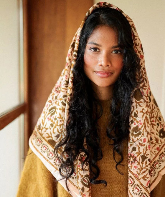 Foulard Mina rose poudré Bellemme – foulard fleurs coton, accessoire cheveux et cou femme et enfant