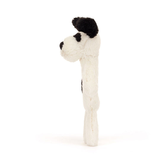 Hochet chien en peluche blanc et noir Jellycat – jouet d’éveil bébé doux et facile à attraper