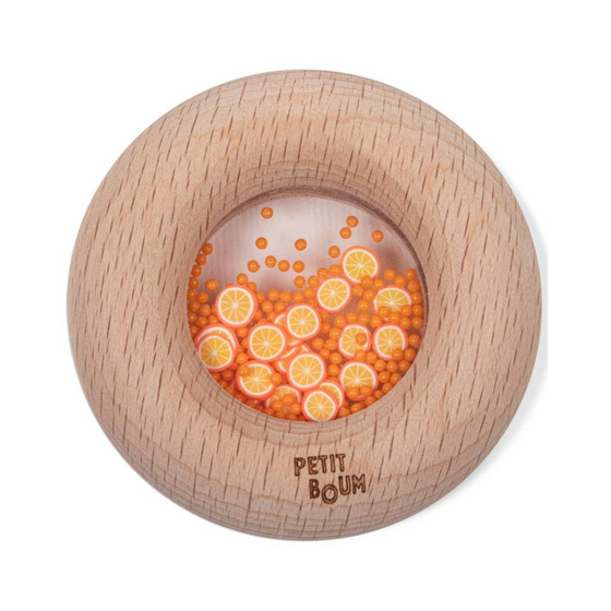 Hochet sensoriel en bois Petit Boum Donut Oranges avec perles et tranches d’orange