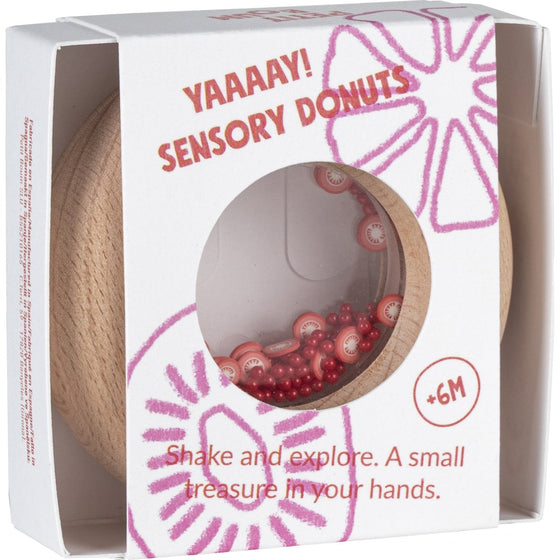 Hochet sensoriel Donut Tomates Petit Boum – jouet d’éveil en bois et plastique transparent pour bébé