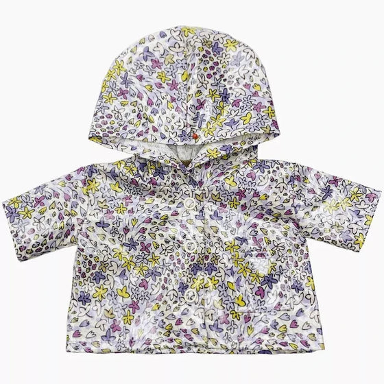 Imperméable poupée Minikane Flowerly Moutarde à capuche en coton enduit, motif fleuri – taille 34 cm
