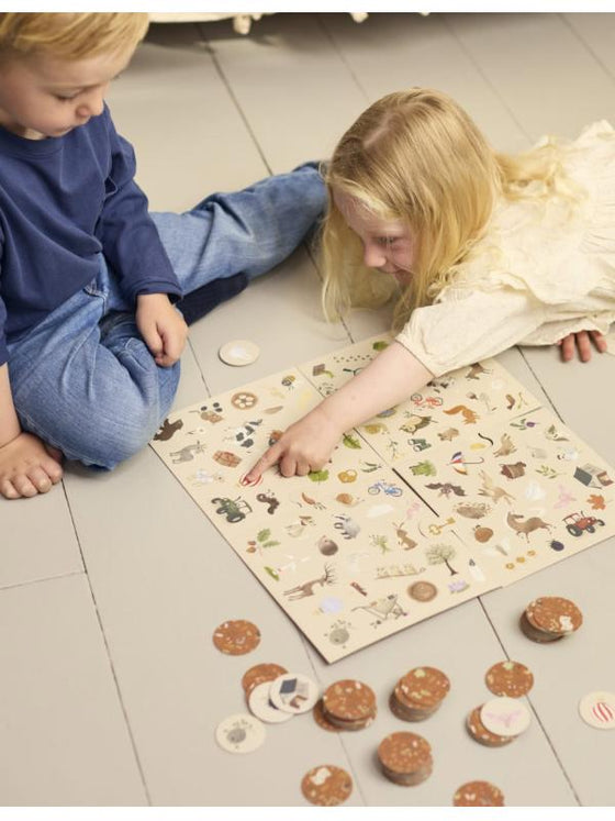 Jeu d’observation Qui trouvera le premier Filibabba avec cartes illustrées d’animaux et objets nature