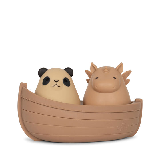 Jouets pour le bain en silicone, bateau avec panda et licorne, Konges Slojd.