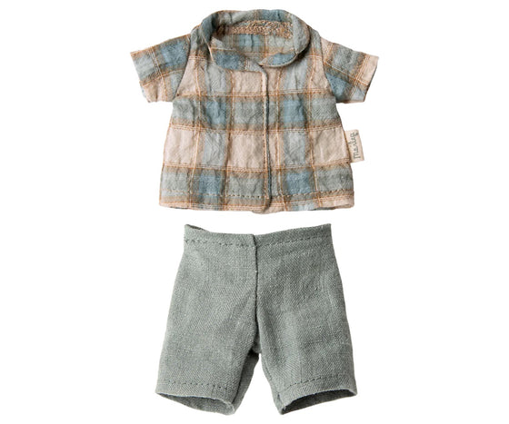 Lapin Maileg taille 1 vêtu d’un short et d’une chemise à carreaux pastel – jouet textile