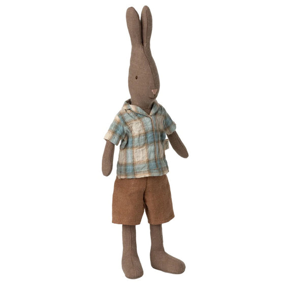 Lapin Maileg taille 2 en lin marron avec chemise à carreaux et short