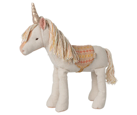 Licorne Maileg Médium en tissu beige avec corne dorée et selle brodée