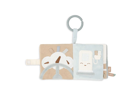 Livre d’activités bébé en tissu velours côtelé écru avec motif voiture – jouet d’éveil sensoriel à accrocher Jollein