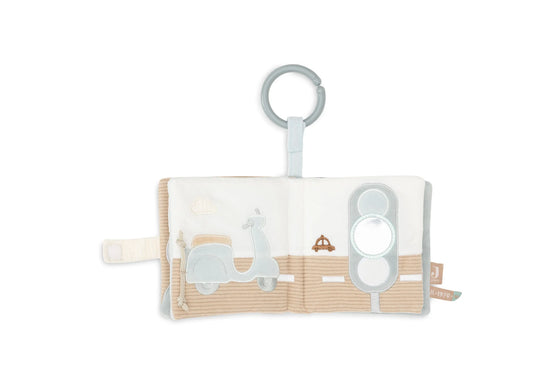 Livre d’activités bébé en tissu velours côtelé écru avec motif voiture – jouet d’éveil sensoriel à accrocher Jollein
