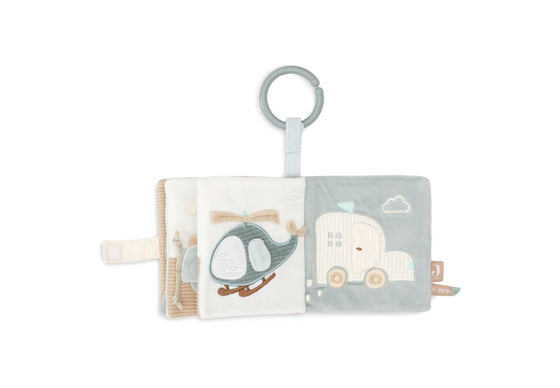 Livre d’activités bébé en tissu velours côtelé écru avec motif voiture – jouet d’éveil sensoriel à accrocher Jollein